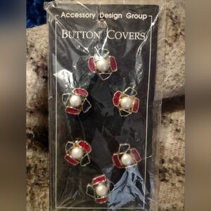 Elegant Red and Gold Button Covers with Pearl Accent